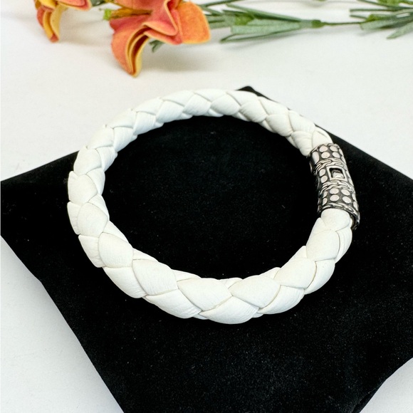 John Hardy Woven White Leather .925 Sterling Silver Dot Clasp Bracelet - Picture 3 of 7